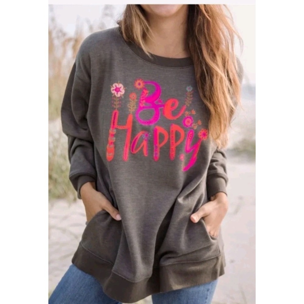Natural Life Women's Olive Green Be Happy Sweatshirt Sz L Oversized Pockets